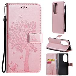 Embossing Butterfly Tree Leather Wallet Case for Huawei P50 Pro - Rose Pink