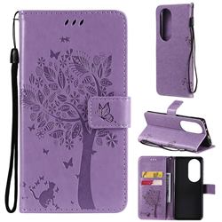 Embossing Butterfly Tree Leather Wallet Case for Huawei P50 Pro - Violet
