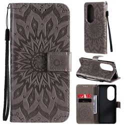 Embossing Sunflower Leather Wallet Case for Huawei P50 Pro - Gray