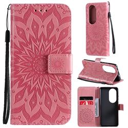 Embossing Sunflower Leather Wallet Case for Huawei P50 Pro - Pink