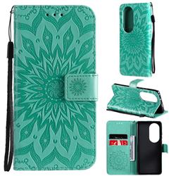 Embossing Sunflower Leather Wallet Case for Huawei P50 Pro - Green
