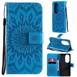 Embossing Sunflower Leather Wallet Case for Huawei P50 Pro - Blue