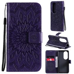 Embossing Sunflower Leather Wallet Case for Huawei P50 Pro - Purple