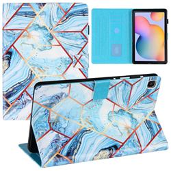 Lake Blue Stitching Color Marble Leather Flip Cover for Samsung Galaxy Tab S6 Lite P610 P615