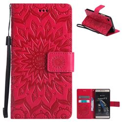 Embossing Sunflower Leather Wallet Case for Huawei P8 - Red