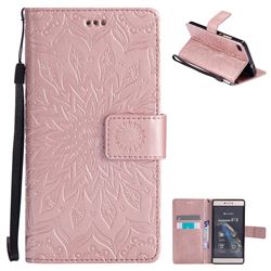 Embossing Sunflower Leather Wallet Case for Huawei P8 - Rose Gold