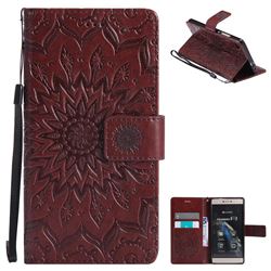 Embossing Sunflower Leather Wallet Case for Huawei P8 - Brown