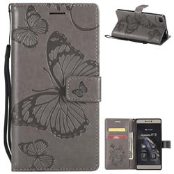 Embossing 3D Butterfly Leather Wallet Case for Huawei P8 - Gray