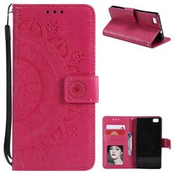 Intricate Embossing Datura Leather Wallet Case for Huawei P8 Lite P8lite - Rose Red