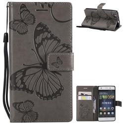 Embossing 3D Butterfly Leather Wallet Case for Huawei P8 Lite P8lite - Gray