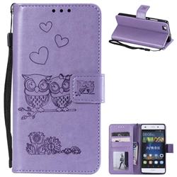 Embossing Owl Couple Flower Leather Wallet Case for Huawei P8 Lite P8lite - Purple