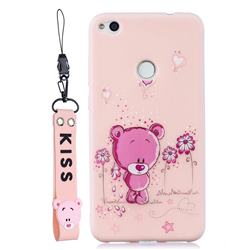 Pink Flower Bear Soft Kiss Candy Hand Strap Silicone Case for Huawei P8 Lite 2017 / P9 Honor 8 Nova Lite