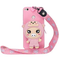 Pink Pig Neck Lanyard Zipper Wallet Silicone Case for Huawei P8 Lite 2017 / P9 Honor 8 Nova Lite