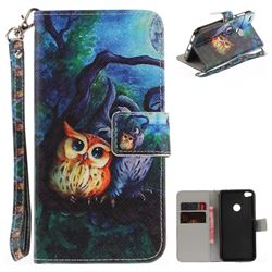 Oil Painting Owl Hand Strap Leather Wallet Case for Huawei P8 Lite 2017 / P9 Honor 8 Nova Lite