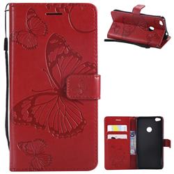 Embossing 3D Butterfly Leather Wallet Case for Huawei P8 Lite 2017 / P9 Honor 8 Nova Lite - Red