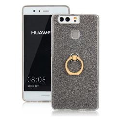 Luxury Soft TPU Glitter Back Ring Cover with 360 Rotate Finger Holder Buckle for Huawei P9 - Black