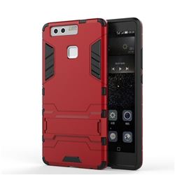 Armor Premium Tactical Grip Kickstand Shockproof Dual Layer Rugged Hard Cover for Huawei P9 - Wine Red