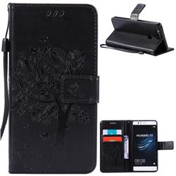 Embossing Butterfly Tree Leather Wallet Case for Huawei P9 - Black