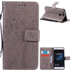 Embossing Butterfly Tree Leather Wallet Case for Huawei P9 - Grey