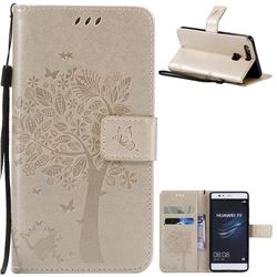 Embossing Butterfly Tree Leather Wallet Case for Huawei P9 - Champagne