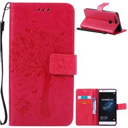 Embossing Butterfly Tree Leather Wallet Case for Huawei P9 - Rose