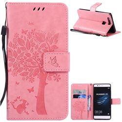 Embossing Butterfly Tree Leather Wallet Case for Huawei P9 - Pink