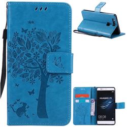 Embossing Butterfly Tree Leather Wallet Case for Huawei P9 - Blue