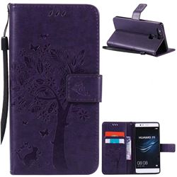 Embossing Butterfly Tree Leather Wallet Case for Huawei P9 - Purple