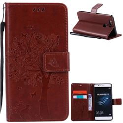 Embossing Butterfly Tree Leather Wallet Case for Huawei P9 - Brown