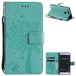 Embossing Butterfly Tree Leather Wallet Case for Huawei P9 - Cyan