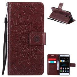 Embossing Sunflower Leather Wallet Case for Huawei P9 - Brown