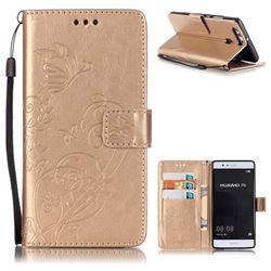 Embossing Butterfly Flower Leather Wallet Case for Huawei P9 - Champagne