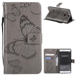 Embossing 3D Butterfly Leather Wallet Case for Huawei P9 - Gray