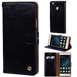Luxury Retro Oil Wax PU Leather Wallet Phone Case for Huawei P9 Lite G9 Lite - Deep Black