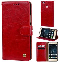 Luxury Retro Oil Wax PU Leather Wallet Phone Case for Huawei P9 Lite G9 Lite - Brown Red