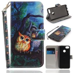 Oil Painting Owl Hand Strap Leather Wallet Case for Huawei P9 Lite Mini (Y6 Pro 2017)