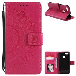 Intricate Embossing Datura Leather Wallet Case for Huawei P9 Lite Mini (Y6 Pro 2017) - Rose Red