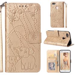 Embossing Fireworks Elephant Leather Wallet Case for Huawei P9 Lite Mini (Y6 Pro 2017) - Golden