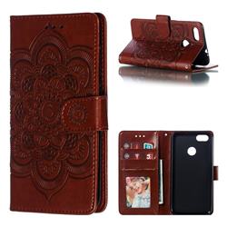 Intricate Embossing Datura Solar Leather Wallet Case for Huawei P9 Lite Mini (Y6 Pro 2017) - Brown