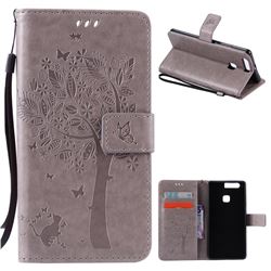 Embossing Butterfly Tree Leather Wallet Case for Huawei P9 Plus - Grey