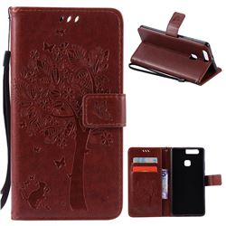 Embossing Butterfly Tree Leather Wallet Case for Huawei P9 Plus - Brown