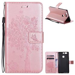 Embossing Butterfly Tree Leather Wallet Case for Huawei P9 Plus P9plus - Rose Pink