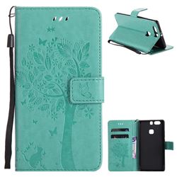 Embossing Butterfly Tree Leather Wallet Case for Huawei P9 Plus P9plus - Cyan