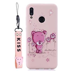 Pink Flower Bear Soft Kiss Candy Hand Strap Silicone Case for Huawei P Smart (2019)