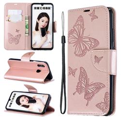 Embossing Double Butterfly Leather Wallet Case for Huawei P Smart (2019) - Rose Gold