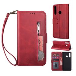 Retro Calfskin Zipper Leather Wallet Case Cover for Huawei P Smart (2019) - Red