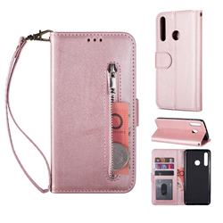 Retro Calfskin Zipper Leather Wallet Case Cover for Huawei P Smart (2019) - Rose Gold