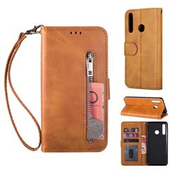 Retro Calfskin Zipper Leather Wallet Case Cover for Huawei P Smart (2019) - Brown