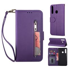 Retro Calfskin Zipper Leather Wallet Case Cover for Huawei P Smart (2019) - Purple