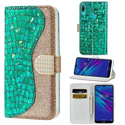 Glitter Diamond Buckle Laser Stitching Leather Wallet Phone Case for Huawei P Smart (2019) - Green